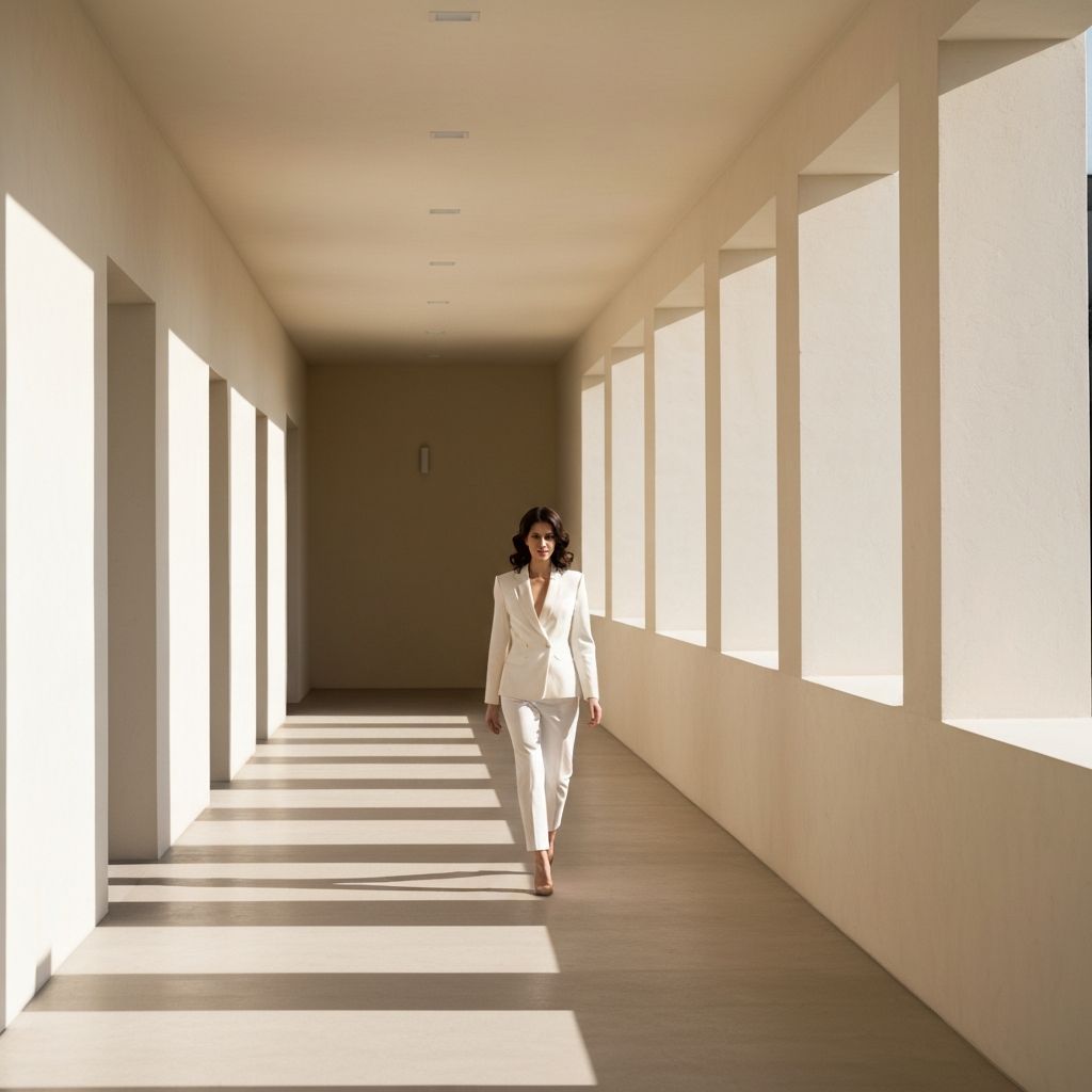 Woman walking through sunlit creative studio corridor